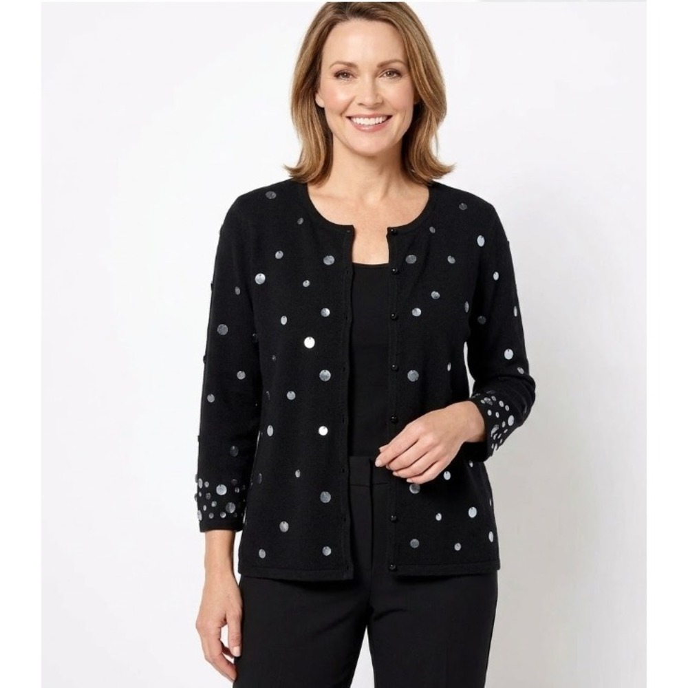 New Vintage Adrianna Papell Black Polka Dot Sequins Silk Blend Cardigan size 12P